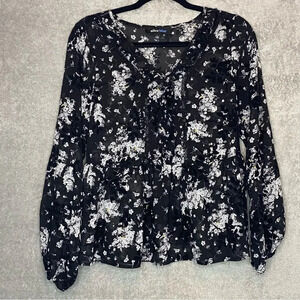 Alice Blue Top Womens Small Black Floral V Neck Long Sleeve Sheer Casual P1